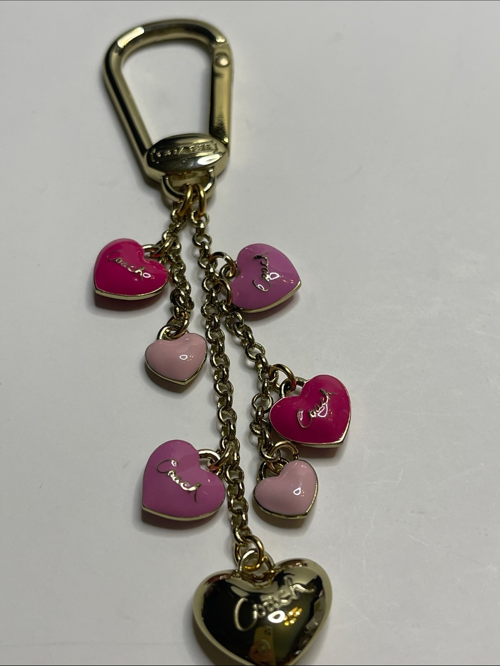 Coach Gold Tone Keychain with Pink Heart Charms